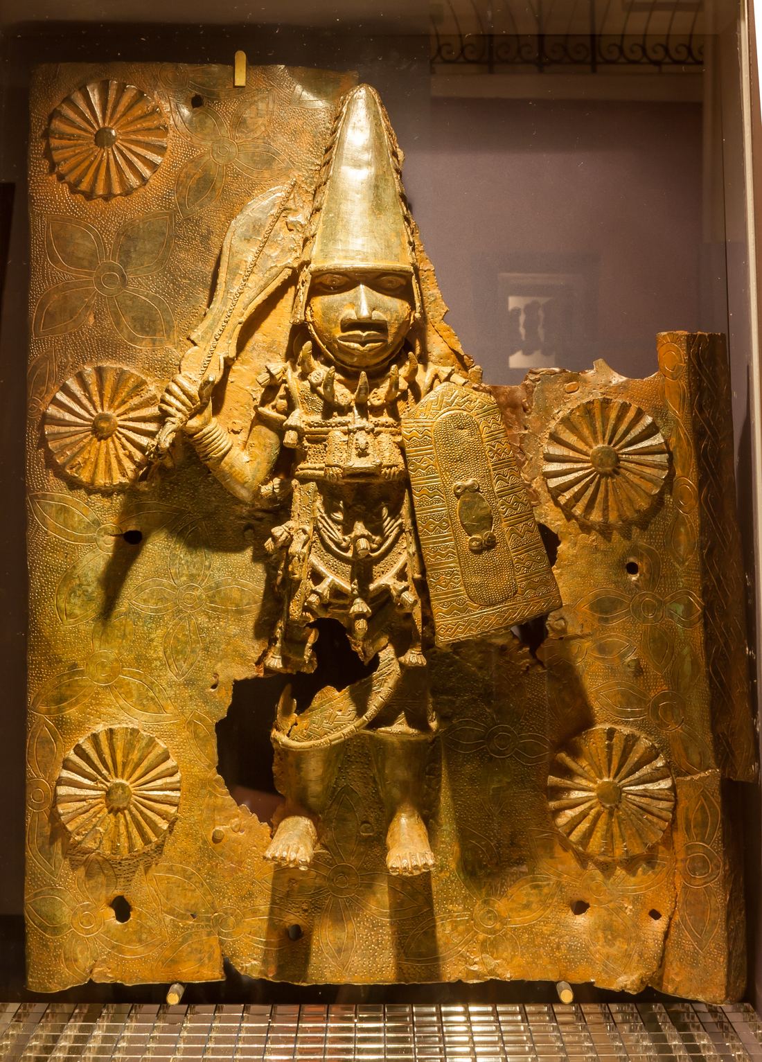 A display of brass heads and figures from the Kingdom of Benin at the Horniman Museum, London